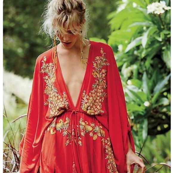 NWT Free People Pretty Pineapple Embroidered Dress S Brown Floral Boho V Neck - Picture 15 of 16
